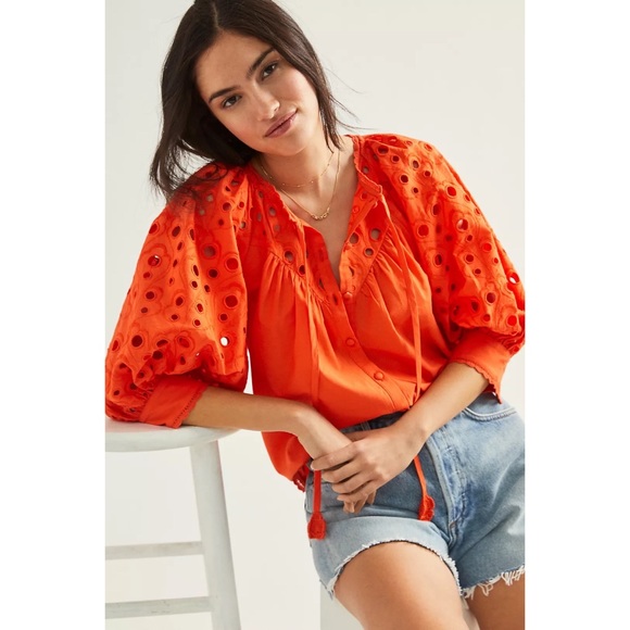 Anthropologie Tops - ANTHROPOLOGIE CHANTAL EYELET BLOUSE PUFF SLEEVE ORANGE SMALL S